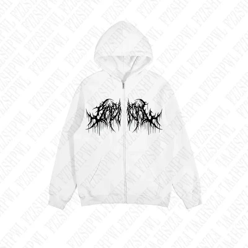 Men's Y2K Hoodie with Graphic Prints, Zip-up