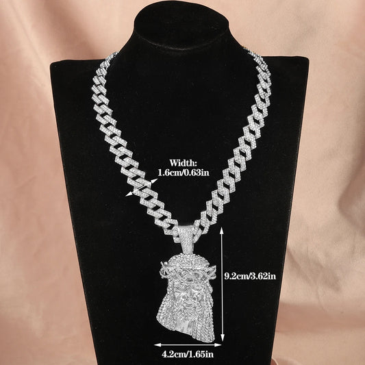 Men/Women Jesus Pendant Necklace Stylish Iced Out Full Inlaid Diamonds Cuban Chain+ Large Pendant Jewelry Gift