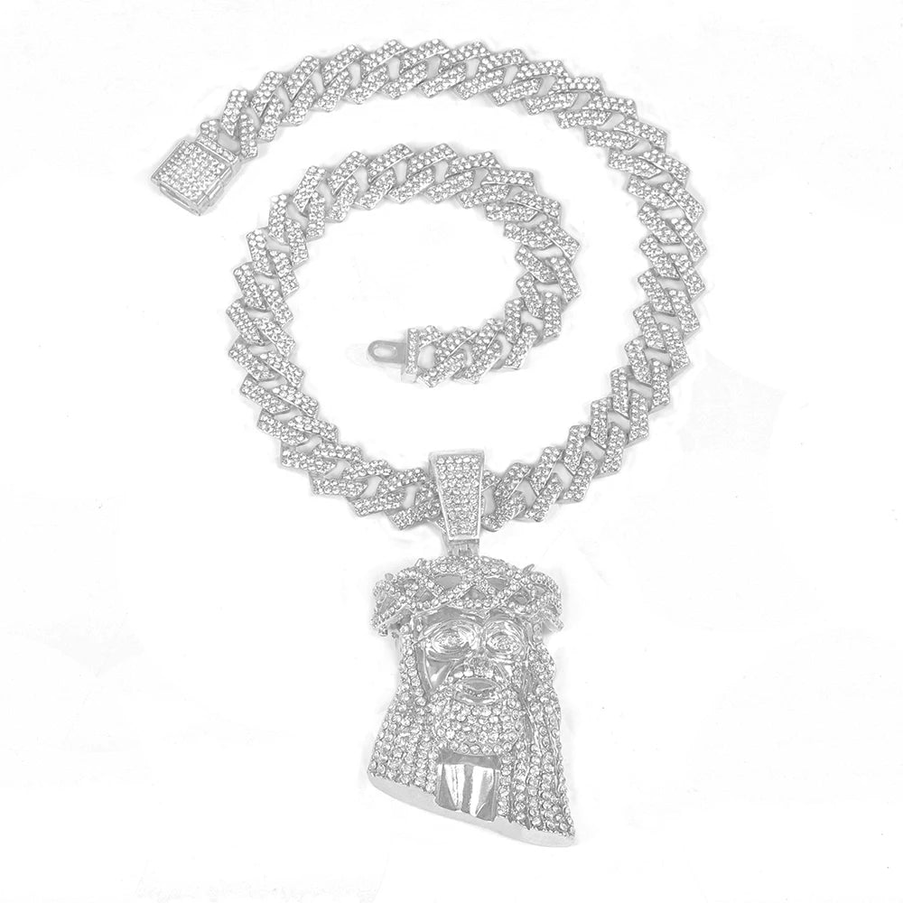 Men/Women Jesus Pendant Necklace Stylish Iced Out Full Inlaid Diamonds Cuban Chain+ Large Pendant Jewelry Gift