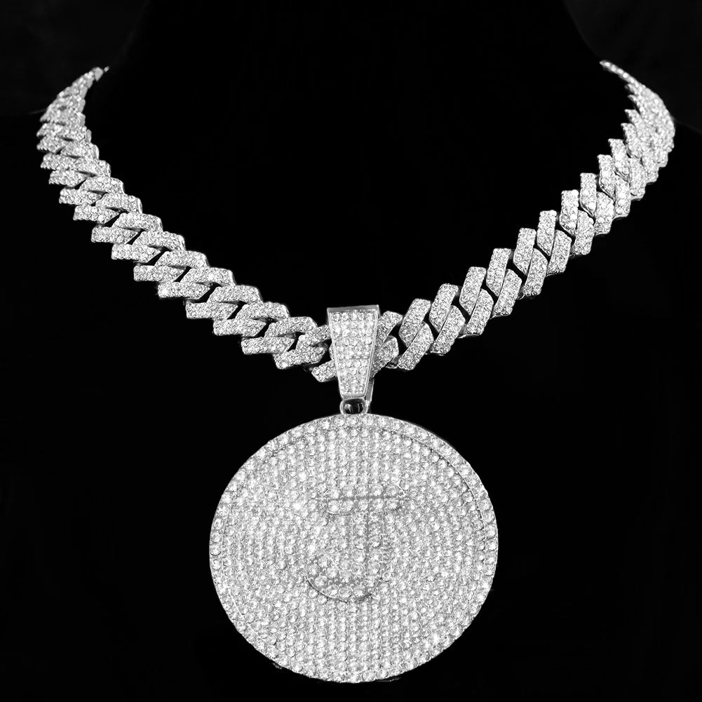 Iced Out Round Initial Pendant Necklace 14MM Rhombus Cuban Link Chain 26 Letters Chain Necklaces Women Men Hiphop Jewelry