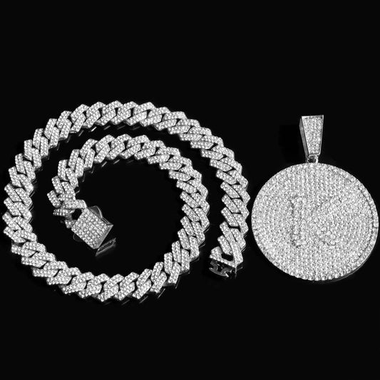Iced Out Round Initial Pendant Necklace 14MM Rhombus Cuban Link Chain 26 Letters Chain Necklaces Women Men Hiphop Jewelry