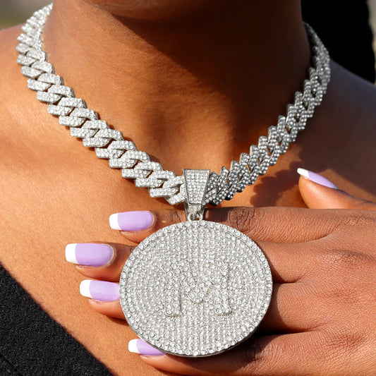 Iced Out Round Initial Pendant Necklace 14MM Rhombus Cuban Link Chain 26 Letters Chain Necklaces Women Men Hiphop Jewelry