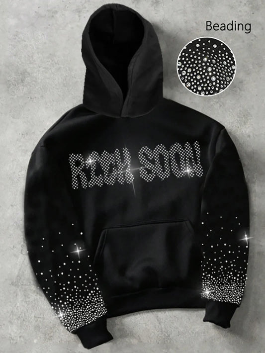 Men's Y2k Trendy Rhinestone "RICH SOON" Black Hoodie