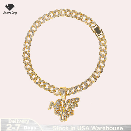 Hip Hop Men Women NEVER GIVE UP Letter Pendant Necklace Iced Out Bling Crystal 13mm Cuban Link Chain Necklaces Rock Jewelry Gift